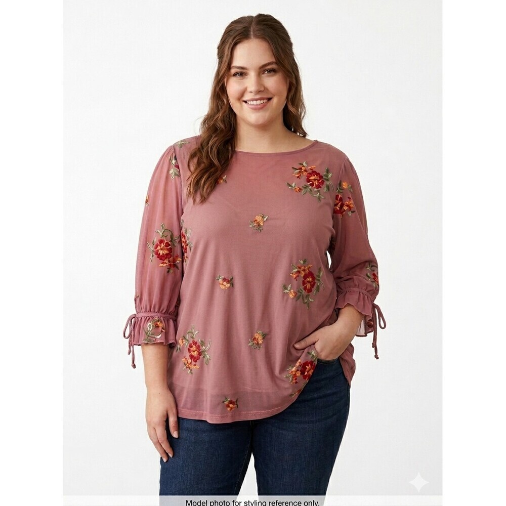 Fig and Flower Dusty Rose Embroidered Blouse 2X Floral Mesh Boho Ruffle Sleeve